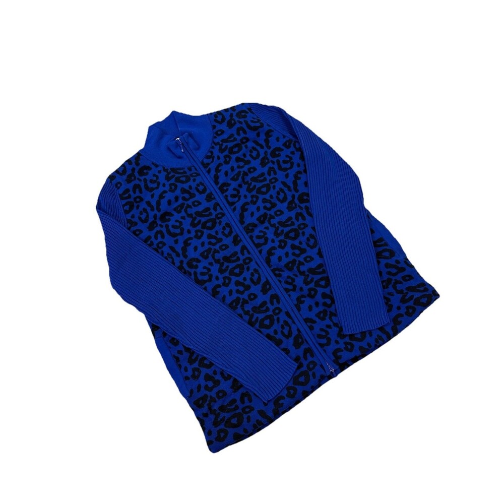 Edinburgh Knitwear NWT LARGE quilted‎ jacket leopard blue black zipper